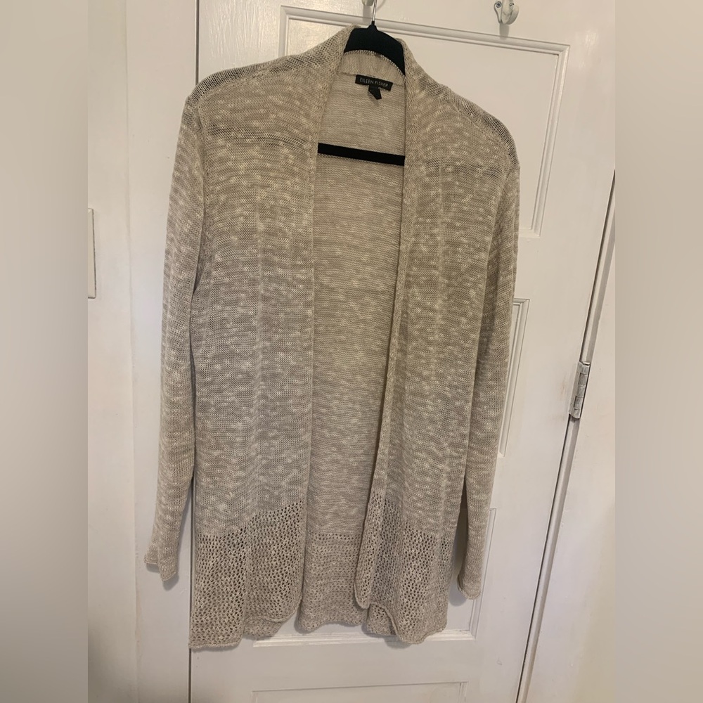 Eileen Fisher Linen Blend Crocheted Cardigan Sweater